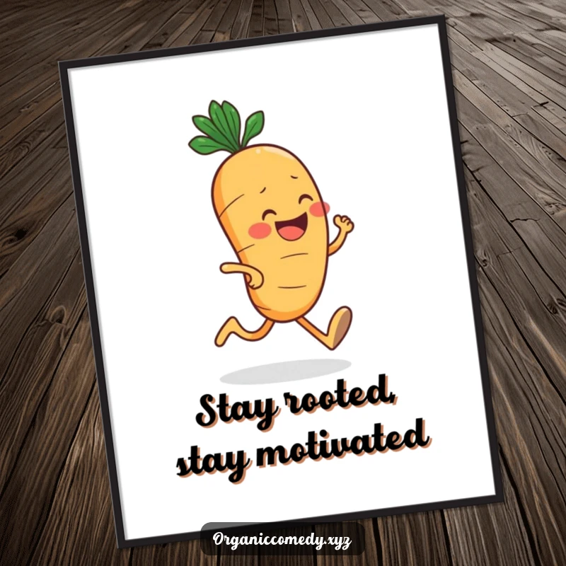 Funny Free Printable Wall Art: A cheerful, round carrot with a big grin jogging enthusiastically, adding a dynamic feel to decor.