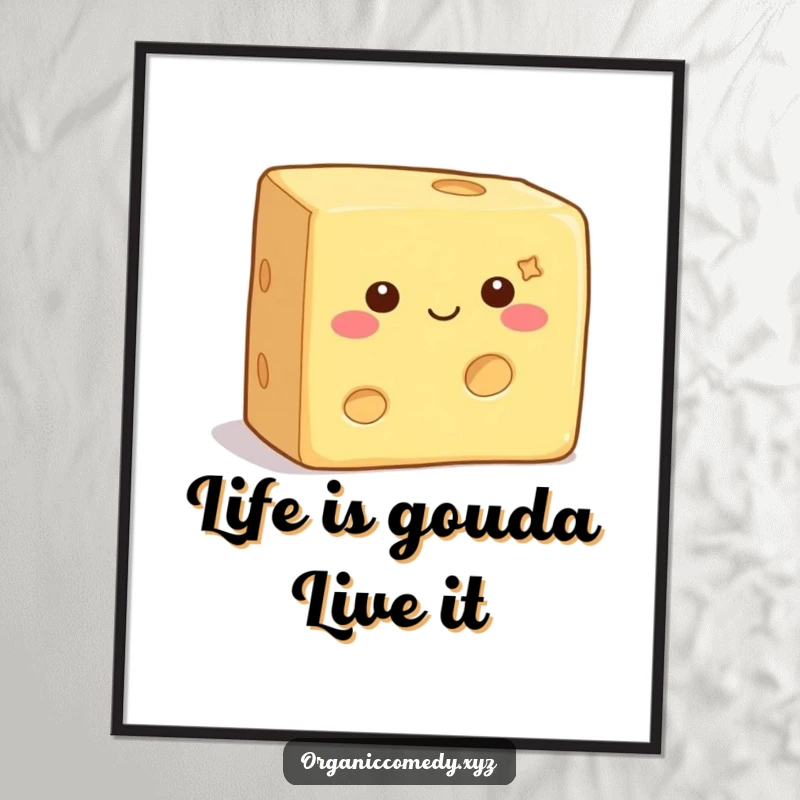 Funny Free Printable Wall Art depicting a contented square cheese block with tiny eyes wiggling happily, perfect for a humorous kitchen.