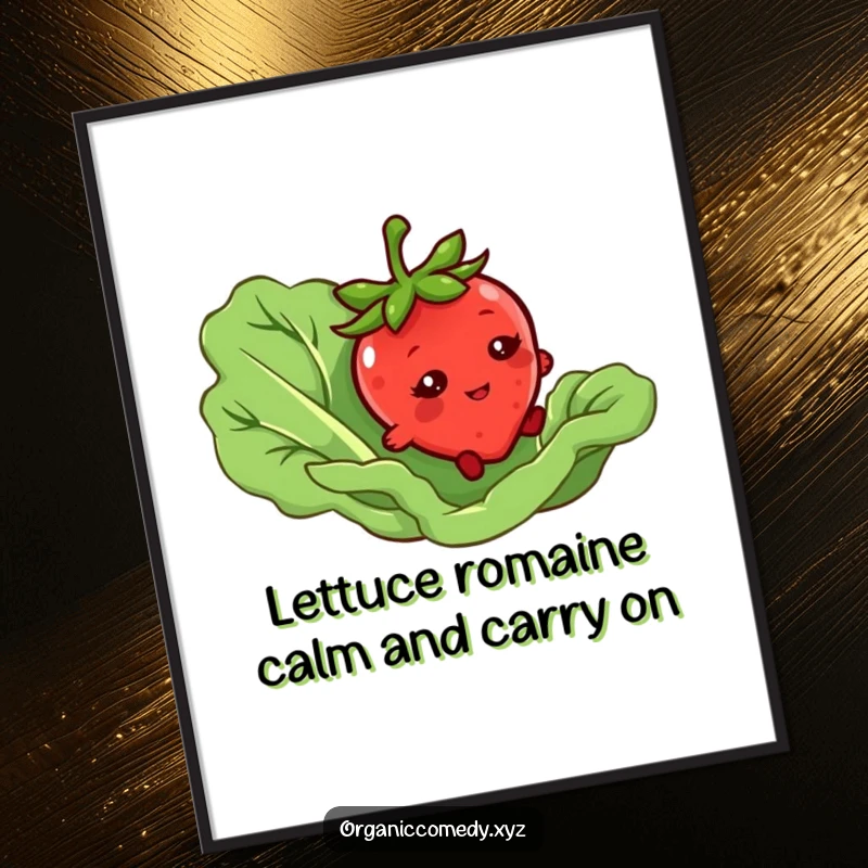 Funny Free Printable Wall Art of a wobbly strawberry tripping over a giant lettuce leaf with bashful eyes, cute foodie art.