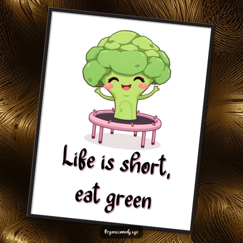Funny Free Printable Wall Art of a giggling broccoli floret energetically bouncing on a trampoline, pure veggie fun.