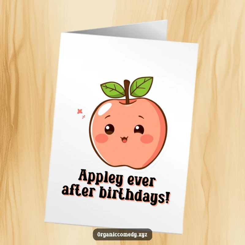 Funny Free Printable Birthday Card featuring a blushing apple character with simple eyes spinning around joyfully for a birthday wish.