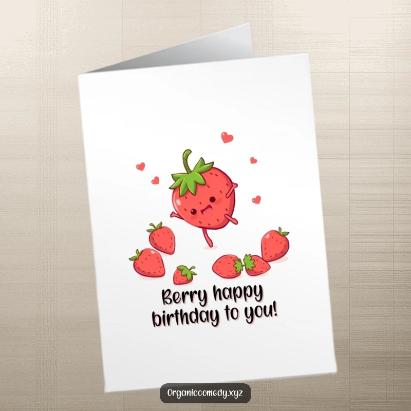 Funny Free Printable Birthday Card: A happy strawberry with tiny legs doing a joyous somersault, ready to make someone smile.