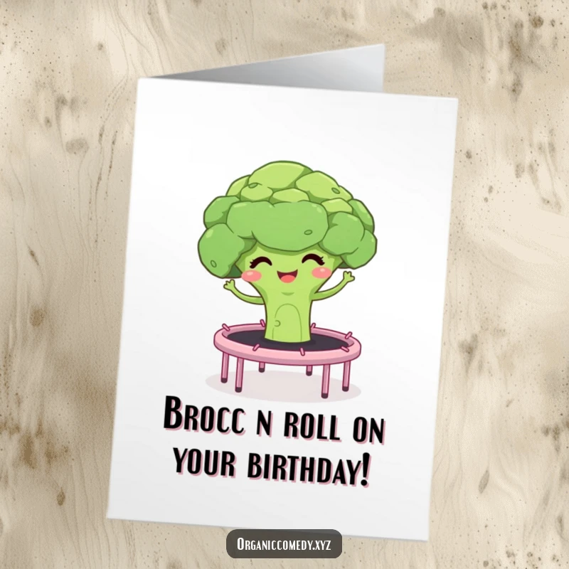 Funny Free Printable Birthday Card with a giggling broccoli floret bouncing on a trampoline, full of veggie joy.