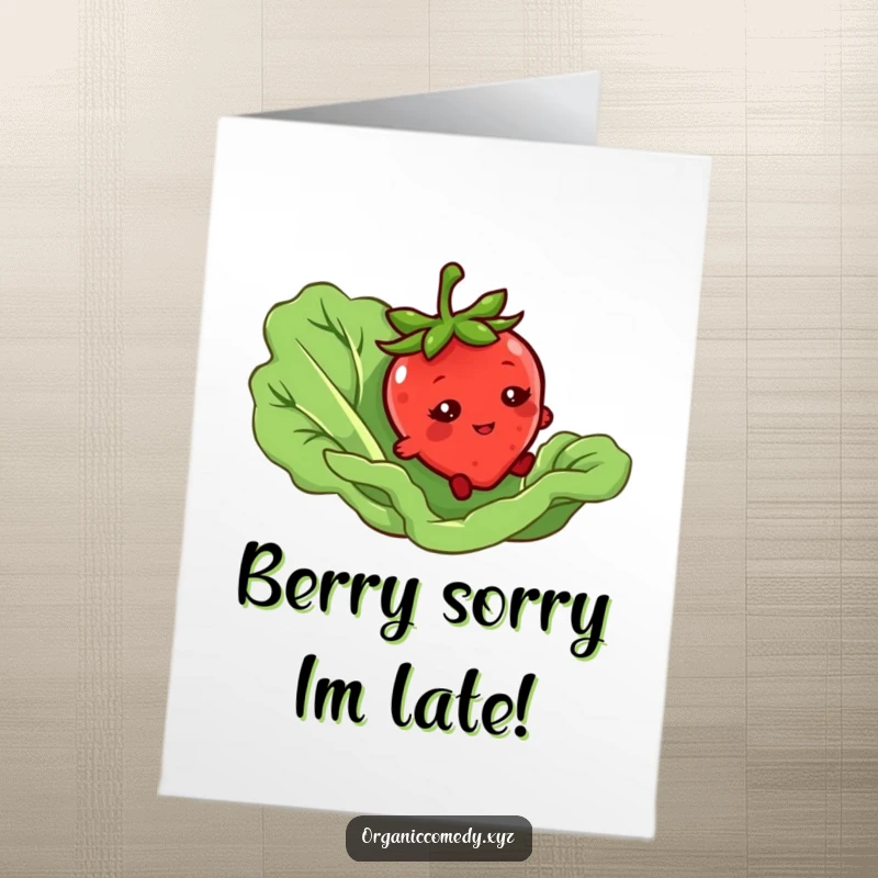 Funny Free Printable Birthday Card featuring a clumsy strawberry tripping over a giant lettuce leaf, bashful eyes, perfect for a foodie.
