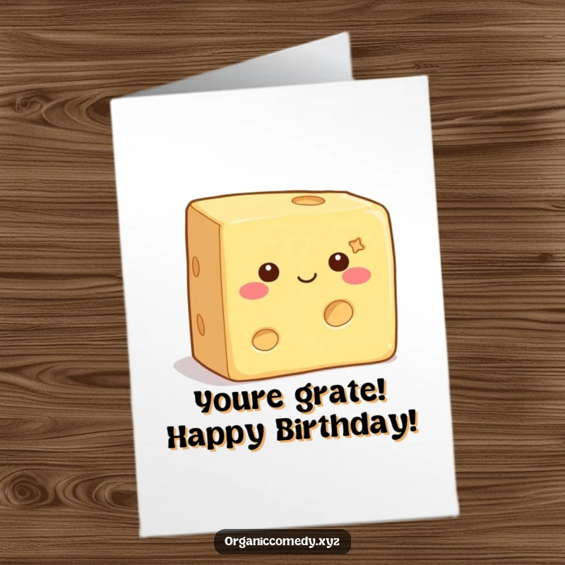 Funny Free Printable Birthday Card featuring a square cheese block with tiny eyes wiggling happily, ready to wish you a happy birthday.