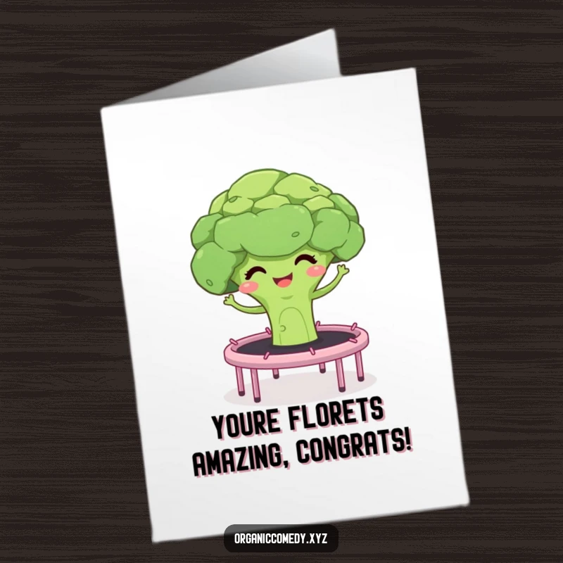 Funny Free Printable Congratulations Card featuring a giggling broccoli floret bouncing high on a trampoline, celebrating success.