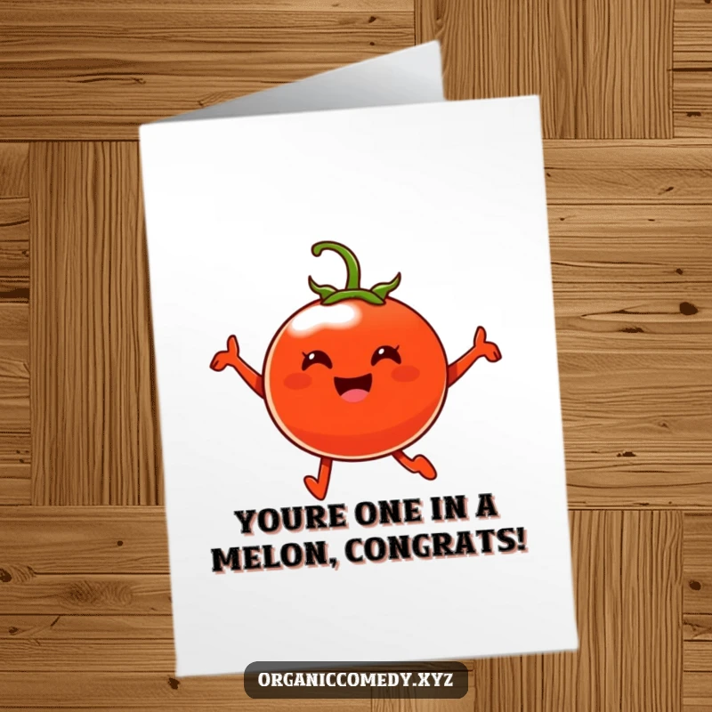 Funny Free Printable Congratulations Card showing a happy tomato character mid-leap, radiating pure joy for their success.