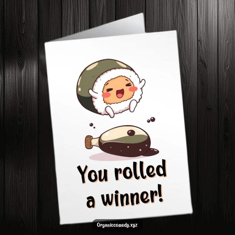 Funny Free Printable Congratulations Card: A happy sushi roll with little feet jumps over a giant bottle of soy sauce.
