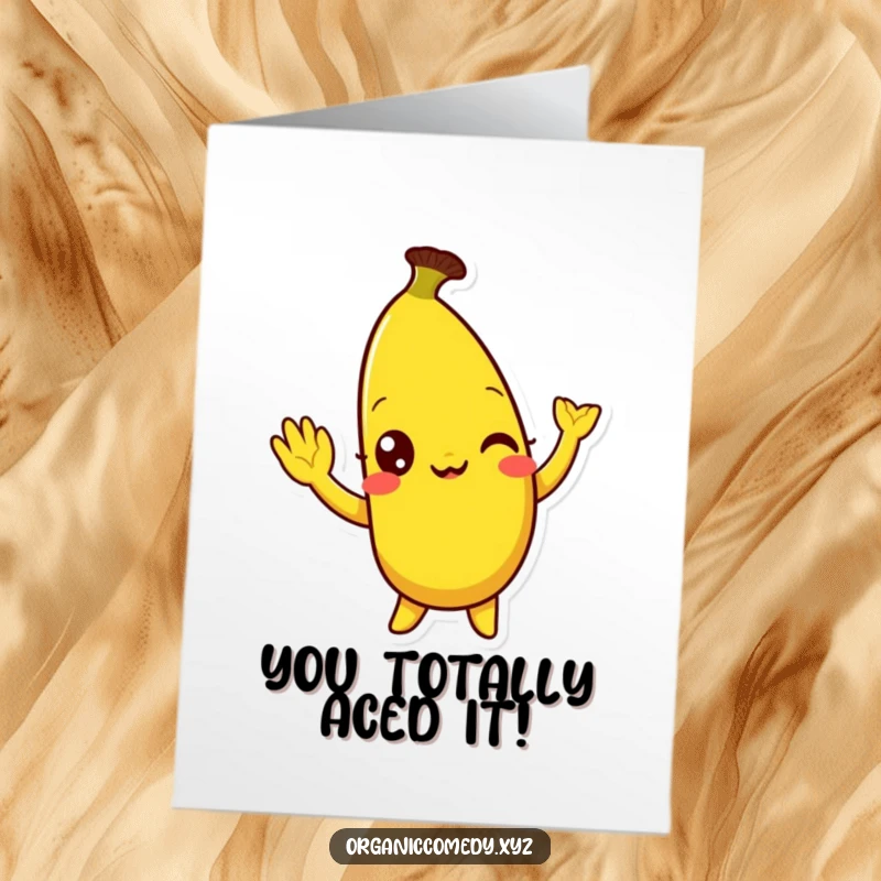 Funny Free Printable Congratulations Card: A bright yellow banana character with wide, mirthful eyes doing a silly wave to celebrate.