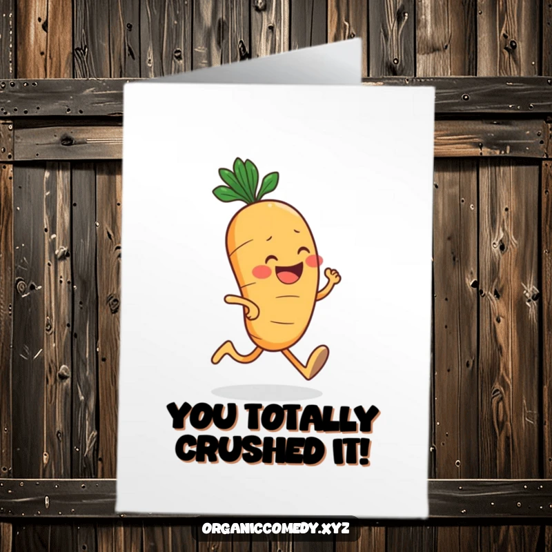 Funny Free Printable Congratulations Card: A cheerful, round carrot with a big grin jogging enthusiastically, celebrating a victory.