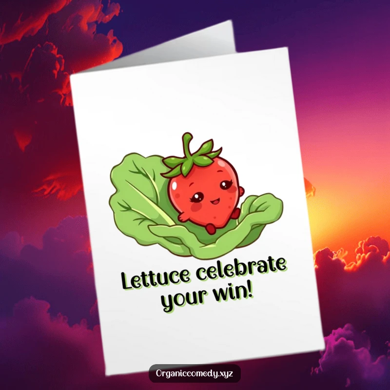 Funny Free Printable Congratulations Card showing a wobbly strawberry tripping over lettuce, bashful eyes, ideal for any achievement.