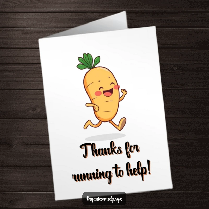 Funny Free Printable Thank You Card: A cheerful, round carrot with a big grin jogging enthusiastically, showing energetic appreciation.