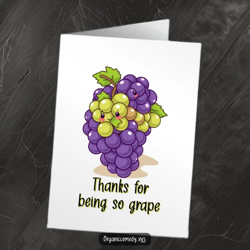 Funny Free Printable Thank You Card depicting a giggling bunch of grapes playfully rolling down a slope, a comical thank you.