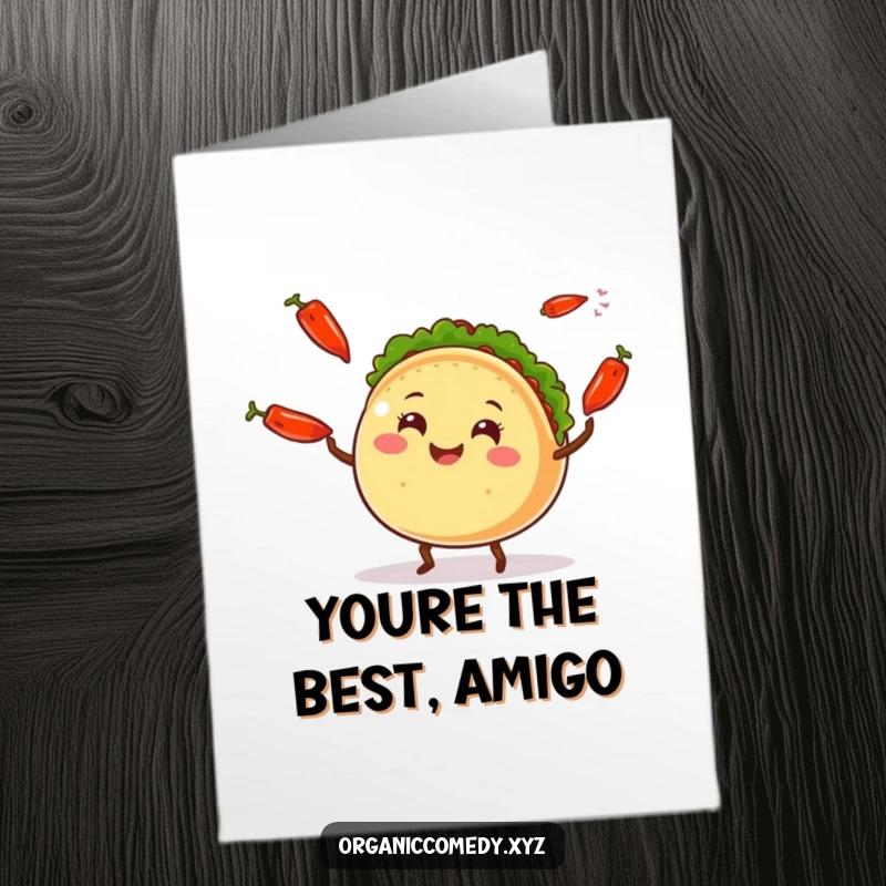 Funny Free Printable Thank You Card: A smiling taco character with legs humorously juggles spicy chili peppers.