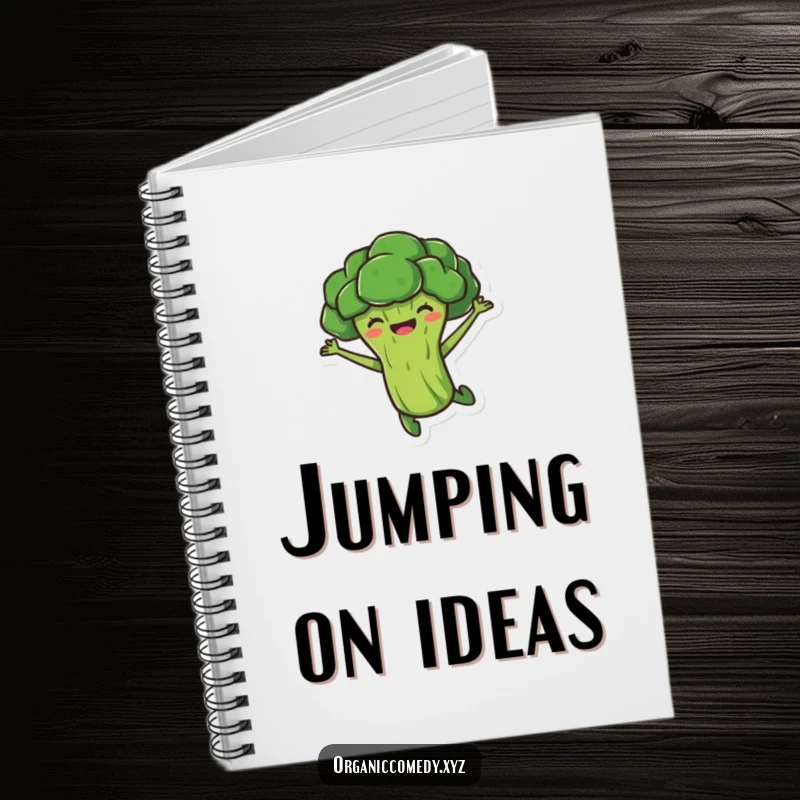 Funny, stubby broccoli character joyfully leaping mid-air, adorning the cover of a practical and amusing notebook.