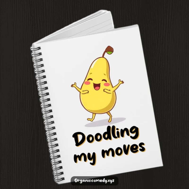 Funny, wobbly pear character giggling while dancing clumsily, decorating the cover of a practical and cheerful notebook.