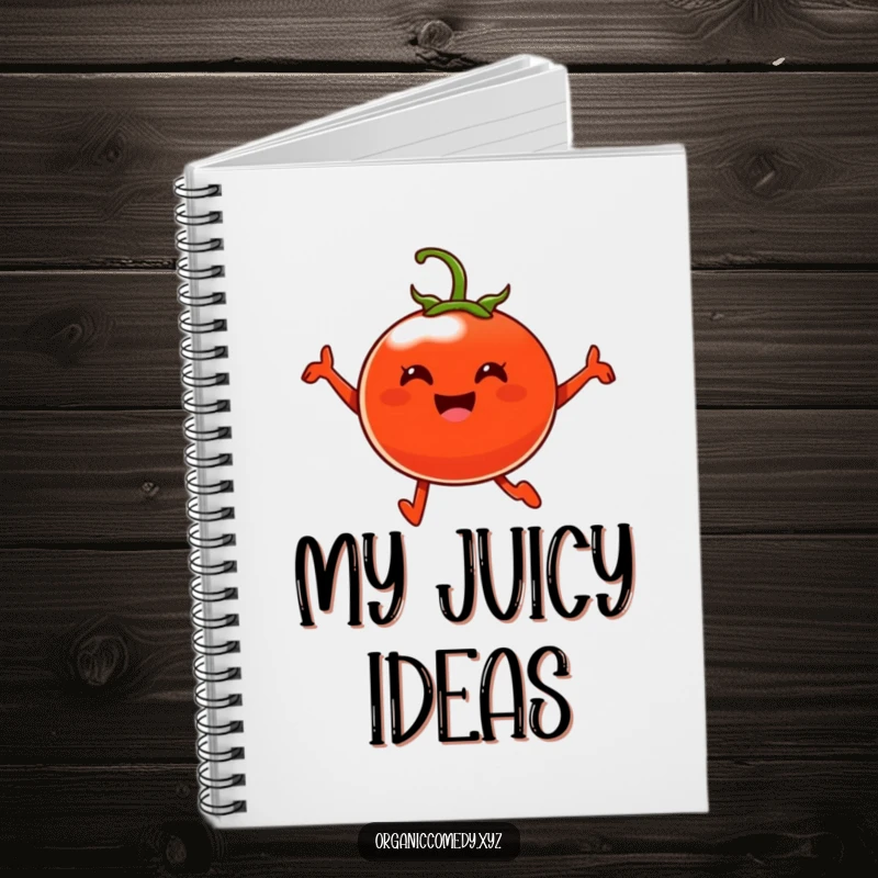 Funny, plump, cheerful tomato character happily leaping mid-air, featured on a humorous notebook cover.