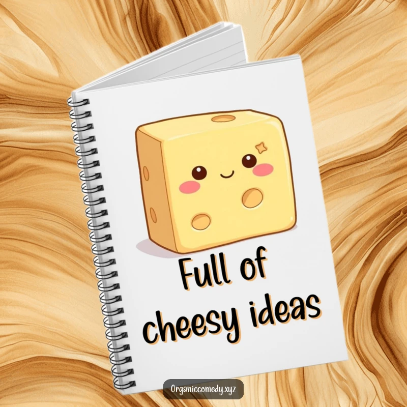Funny Notebook with a square, contented cheese block with tiny eyes, wiggling happily, ideal for capturing creative thoughts.