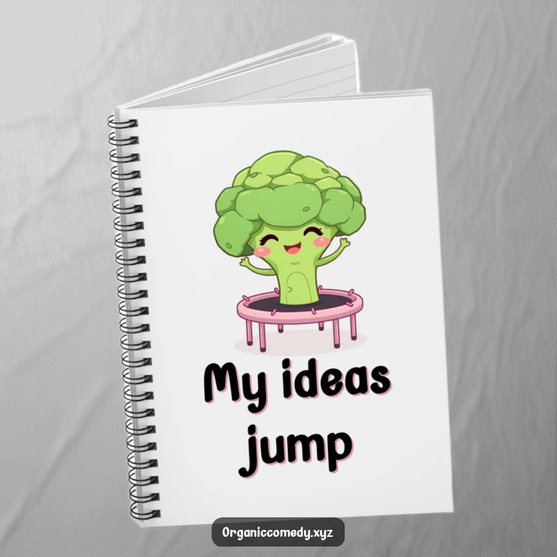 Funny notebook featuring a giggling broccoli floret and stalks bouncing on a trampoline, ideal for school or creative writing.