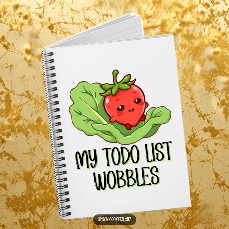 Funny notebook with a bashful strawberry character tripping over a giant lettuce leaf, perfect for journaling or school notes.