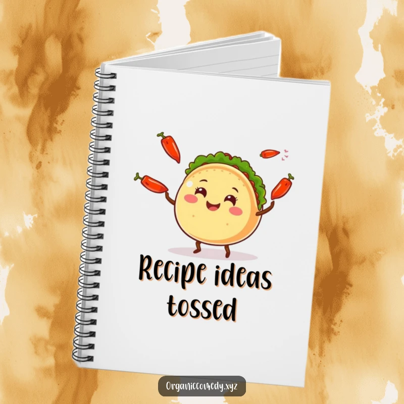 Funny round taco character with legs joyfully juggling chili peppers, a humorous and colorful notebook.