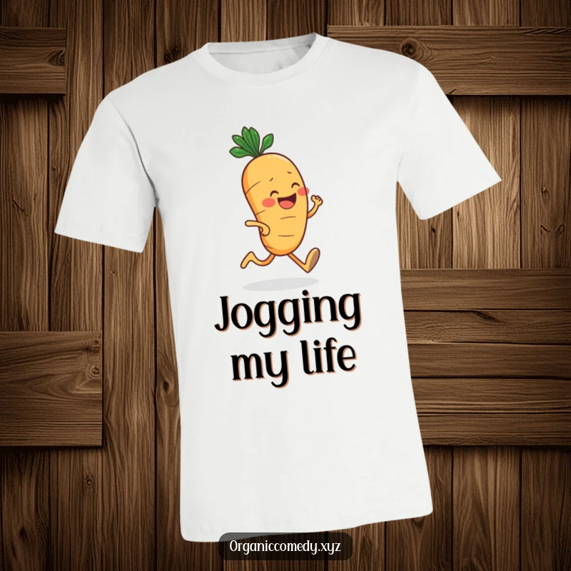 Funny, round carrot character with a big grin jogging enthusiastically, printed on a fun and comfortable t-shirt.
