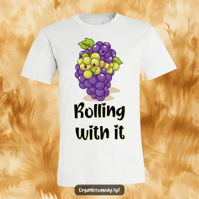 Funny, giggling bunch of grapes with tiny eyes tumbling playfully down a slope, printed on a t-shirt.