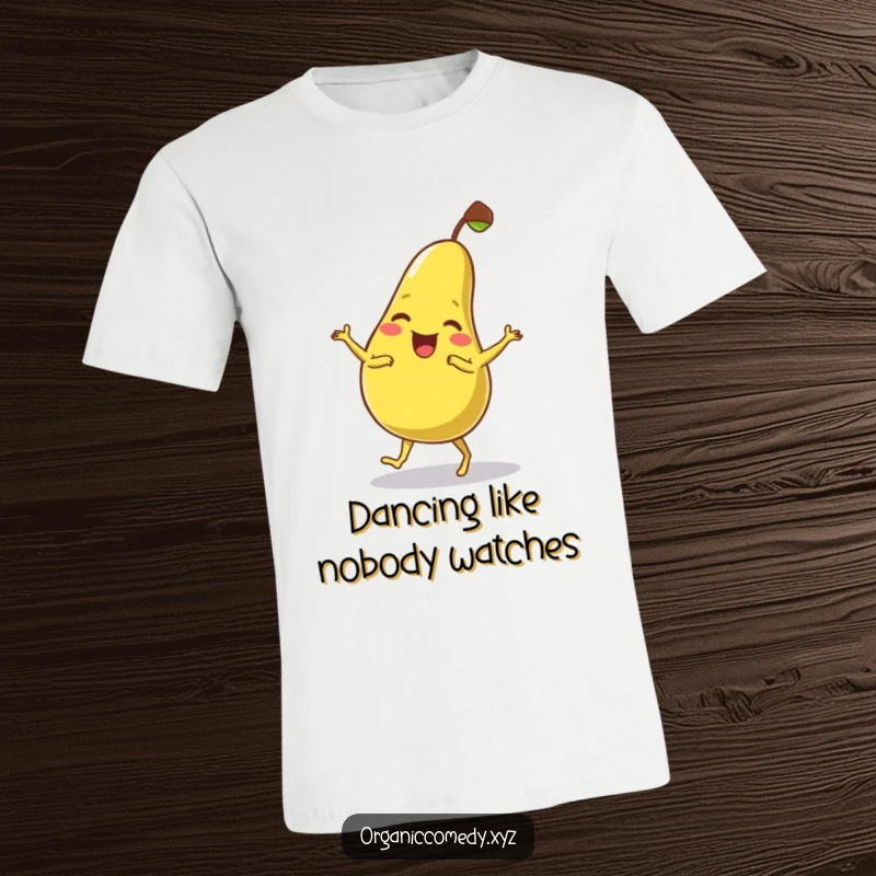 Funny, wobbly pear character giggling and dancing clumsily, printed on a soft and humorous t-shirt.