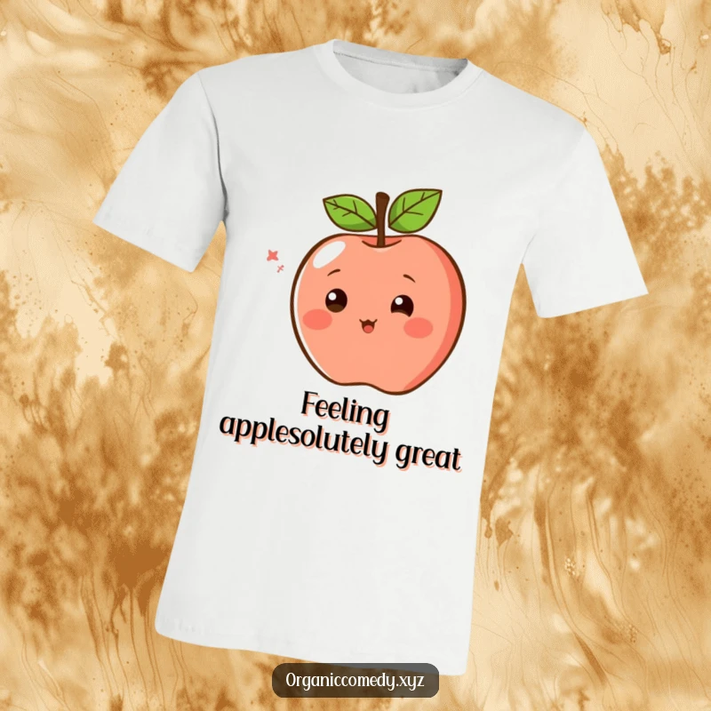 Funny T-Shirt with a blushing apple character, simple eyes wide, spinning ecstatically, perfect for expressing excitement.
