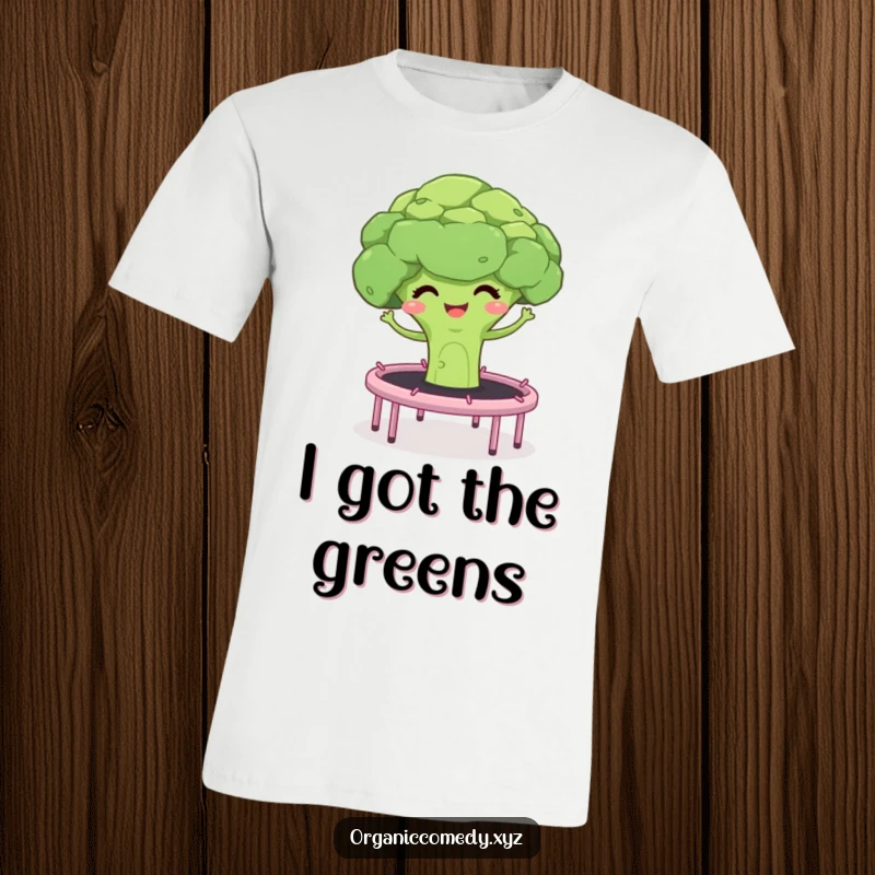 Funny t-shirt depicting a giggling broccoli floret and stalks joyfully bouncing high on a trampoline, a fun food design.