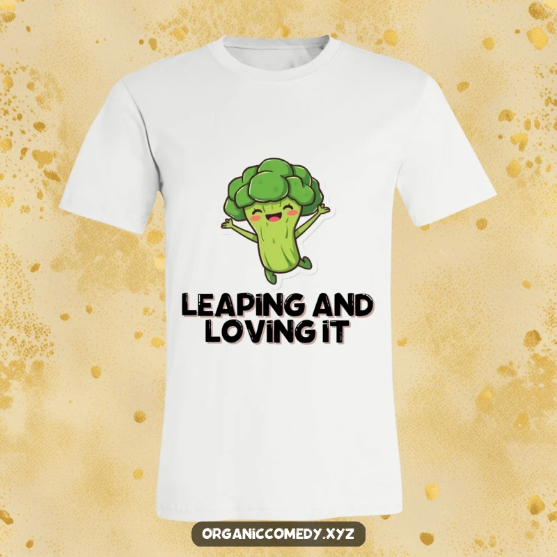 Funny, stubby broccoli character caught mid-leap with pure joy, printed on a comfortable and hilarious t-shirt.