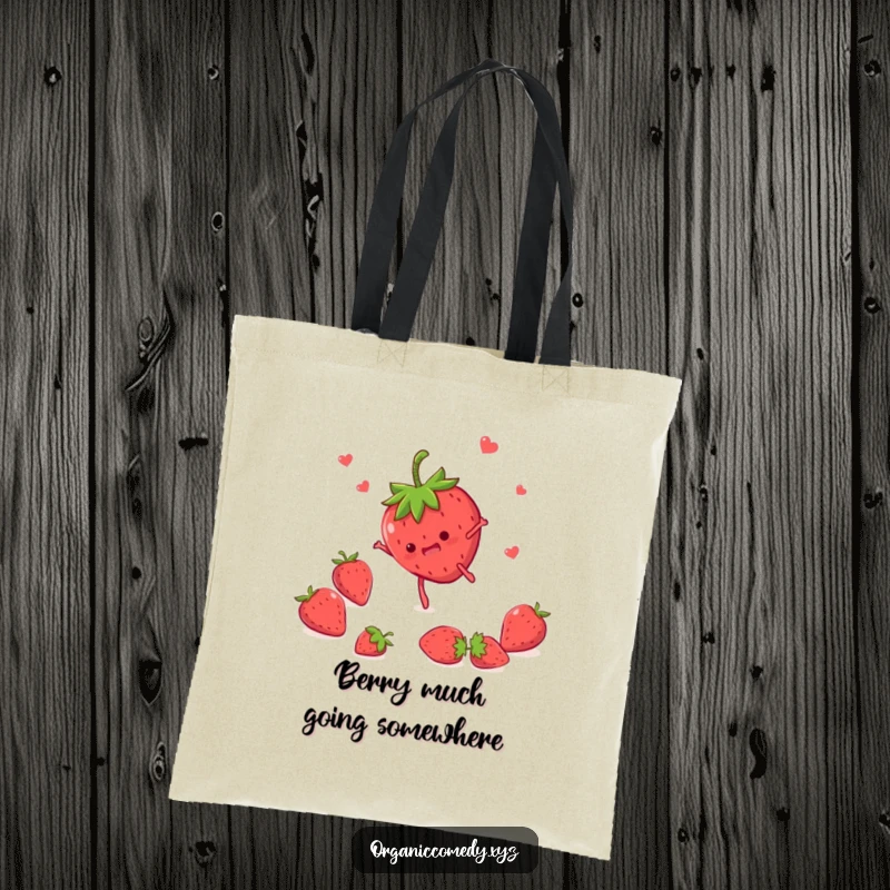 Funny strawberry character with tiny legs performing a somersault, beautifully printed on a sturdy and spacious tote bag.