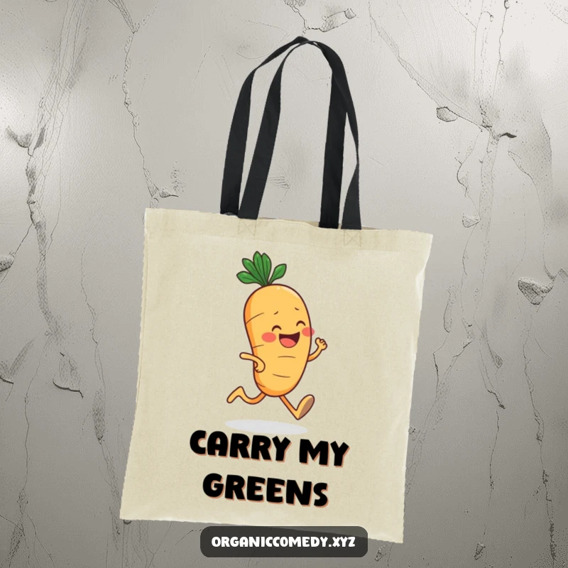Funny, round carrot character with a big grin jogging enthusiastically, featured on a sturdy and amusing tote bag.