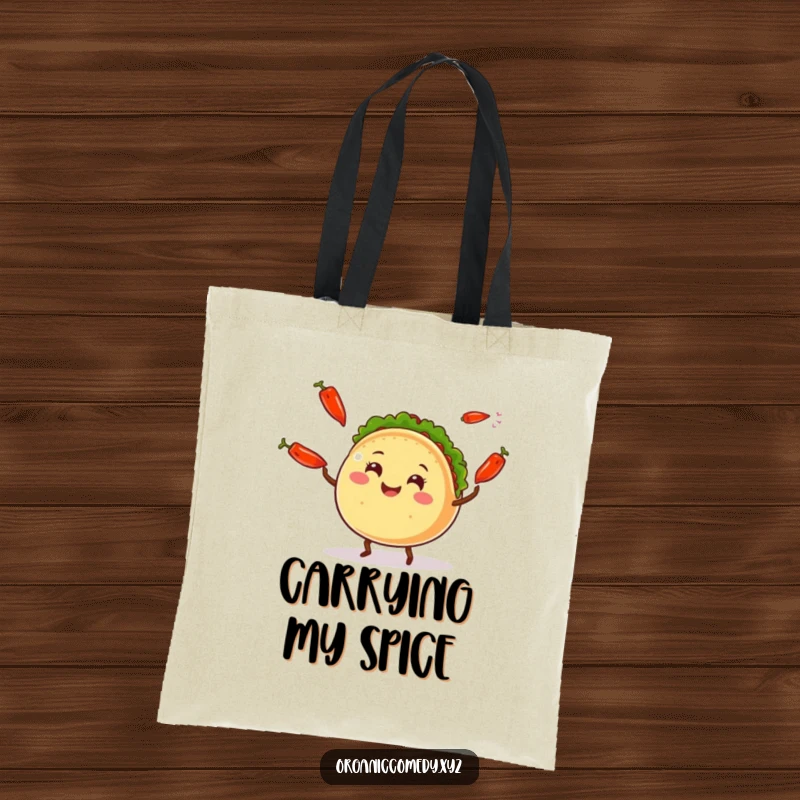 Funny round taco character with legs joyfully juggling chili peppers, a vibrant and humorous tote bag.