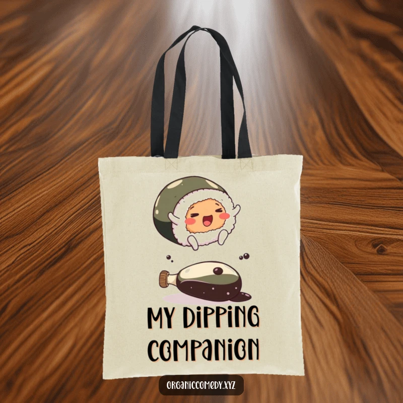 Funny sushi roll character with small feet leaping over a large soy sauce bottle, a humorous and practical tote bag.