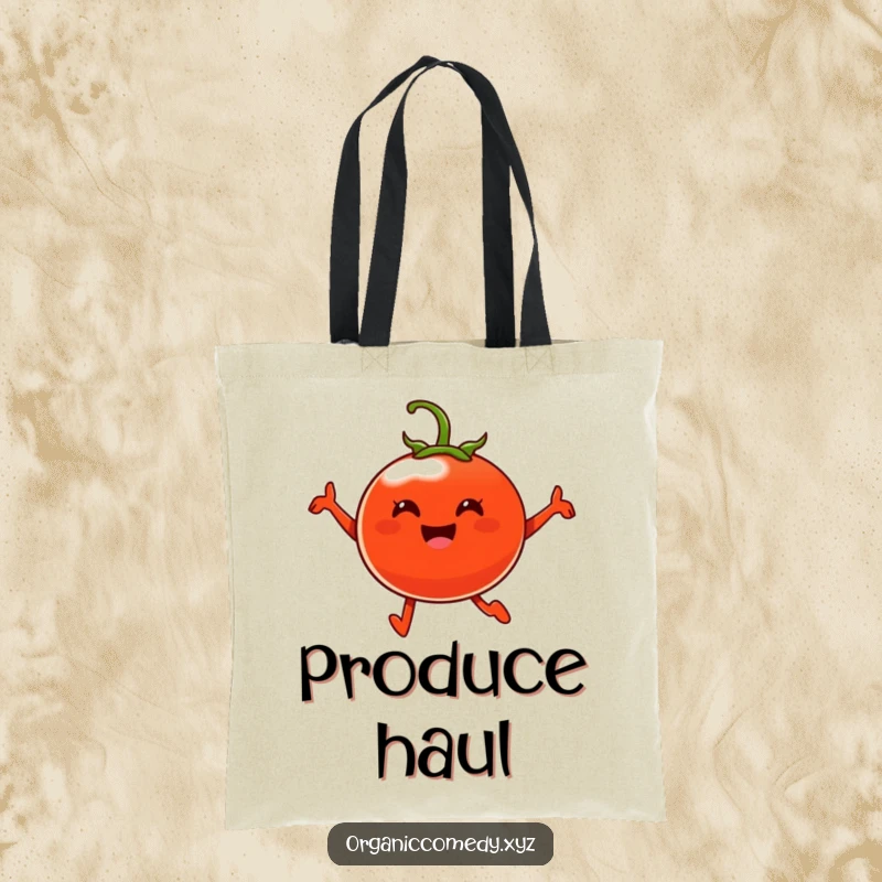 Funny, plump, cheerful tomato character leaping with joy, printed on a humorous tote bag.